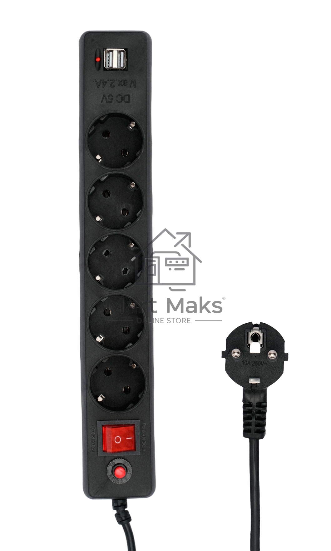 Сетевой фильтр Гарнизон 5р, 10А, 2xUSB, 1.8м, ур.защиты 4, черный, пакет