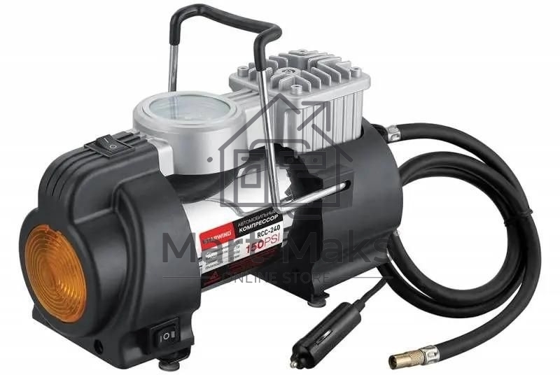 Компрессор STARWIND CC-240 Максимальный ток потребления 15 A. Максимальное давление, атм.10.2. Напряжение питания 12 В. Производительность 35 л/мин. Длина шланга 0.75 м. Длина провода питания 3 м.