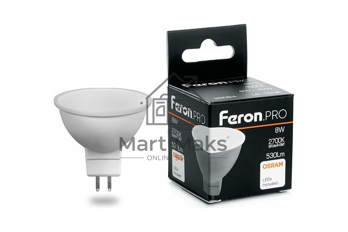 Лампа светодиодная FERON PRO LB-1608 (38089) MR16 G5.3 8W 2700K