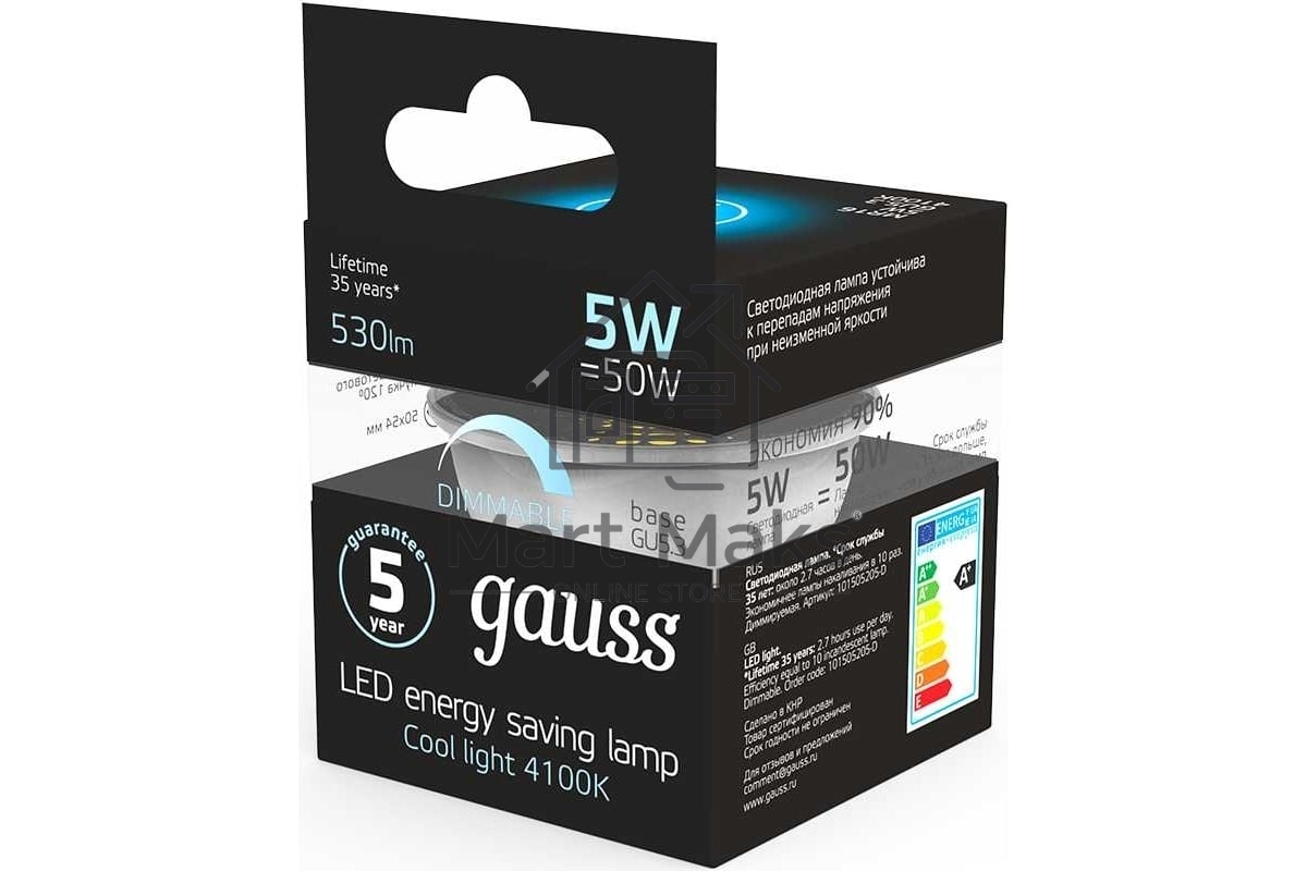 Лампа светодиодная диммируемая GAUSS MR16 5Вт 4100К белый GU5.3 530лм 180-265В 101505205-D
