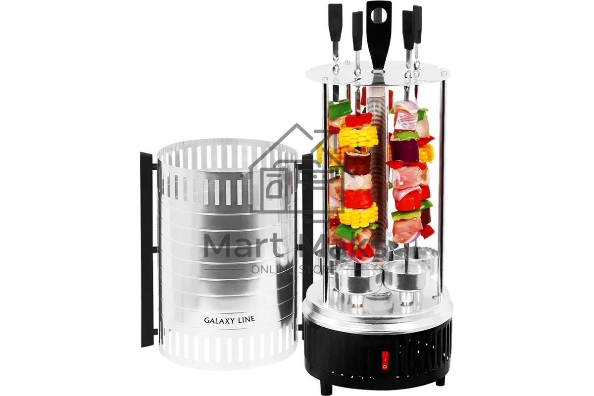 Шашлычница электрическая Galaxy Line GL 2610, серый, 1000 Вт, 5 шампуров из высококачественной нержавеющей стали, автоматическое вращение шампуров на 360°, долговечный керамический нагревательный элемент, защитный кожух из пищевого алюминия