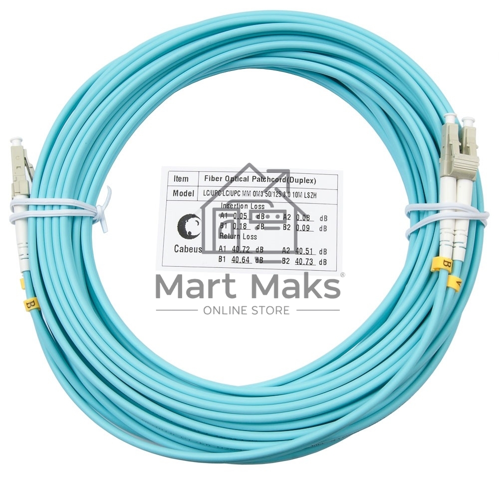 Шнур оптический Cabeus Tight Buffer, Duplex LC/LC, OM3 50/125, LSZH, 10м, d= 3мм, серый хвостовик, аква