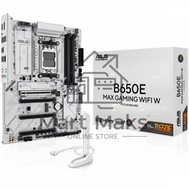 Материнская плата ASUS B650E MAX GAMING WIFI W, AM5, AMD B650, 4xDDR5, 4xSATA, 3xM.2, 1xPCIe 5.0 x16, 1xPCIe 4.0 x4, 2xPCIe 3.0 x1, 1xDP, 1xHDMI, 1x2.5Gb LAN, Wi-Fi 6E, Bluetooth 5.3, 1xUSB-C 10Gbps, 3xUSB-A 10Gbps, 2xUSB-A 5Gbps, 2xUSB-A 2.0, 3x3.5 мм, 7
