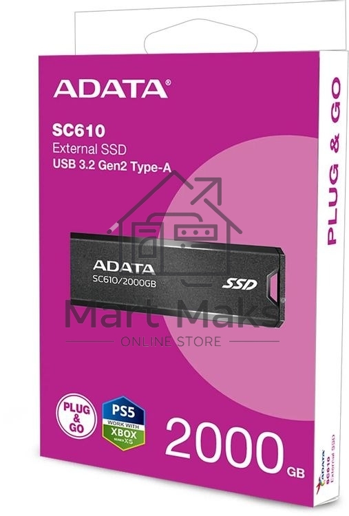 Внешний SSD ADATA SC610, 2TB, USB 3.2 Gen 2 Type-A, R/W 550/500, черный