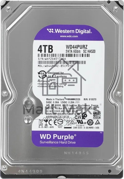 Жесткий диск Western Digital 4TB 5400 Purple Pro Surveillance, Cache 128MB