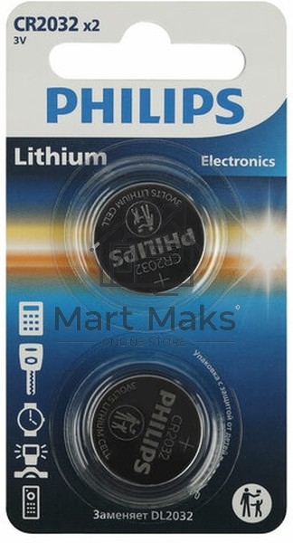 Элемент питания литиевый CR2032 (блист. 2шт) Philips Б0062716