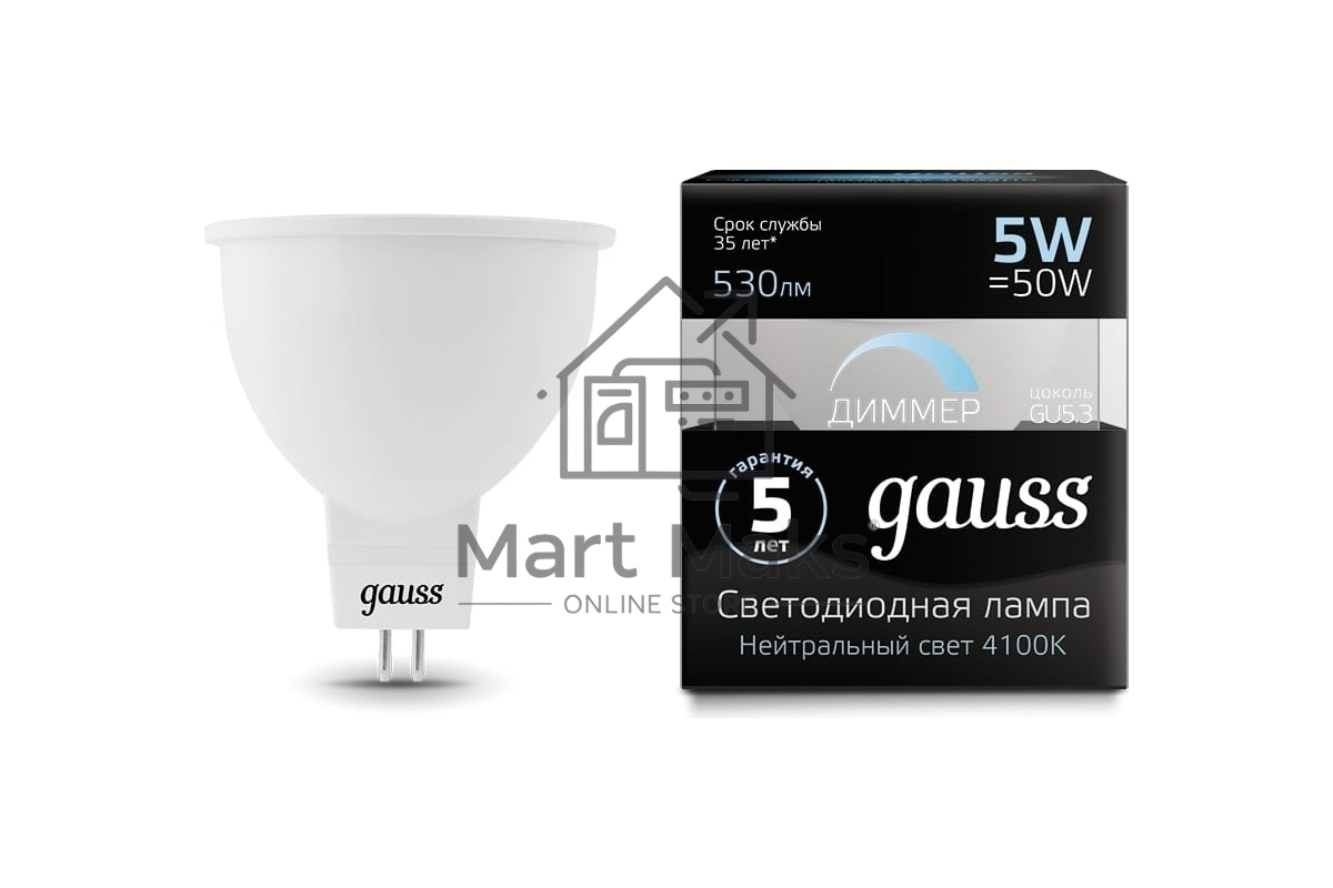 Лампа светодиодная диммируемая GAUSS MR16 5Вт 4100К белый GU5.3 530лм 180-265В 101505205-D
