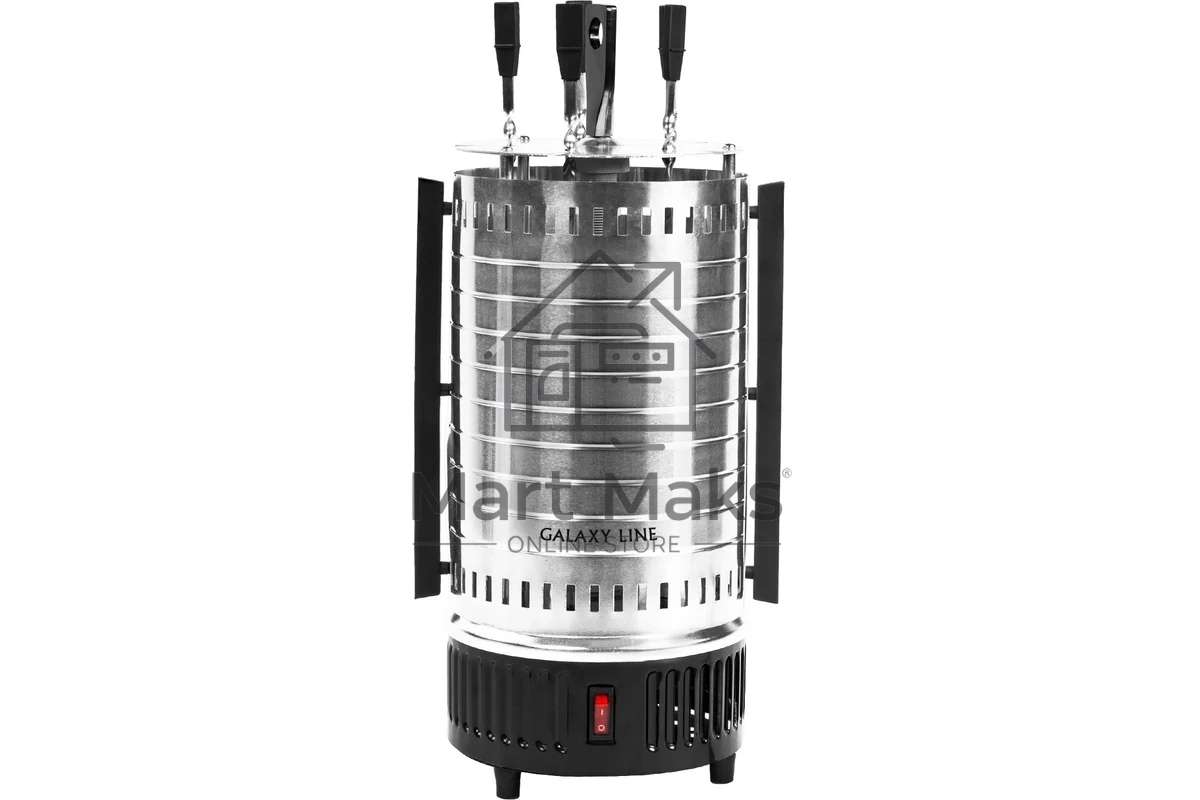 Шашлычница электрическая Galaxy Line GL 2610, серый, 1000 Вт, 5 шампуров из высококачественной нержавеющей стали, автоматическое вращение шампуров на 360°, долговечный керамический нагревательный элемент, защитный кожух из пищевого алюминия