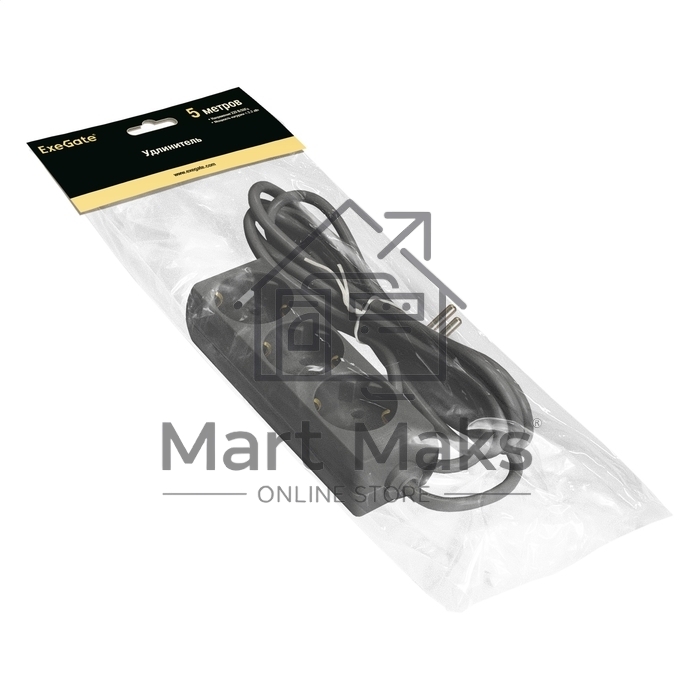 Удлинитель ExeGate ECE-3-5B (EX285807RUS), черный, 5 м, Евровилка с заземлением, 3 евророзетки с заземлением, 2200 Вт