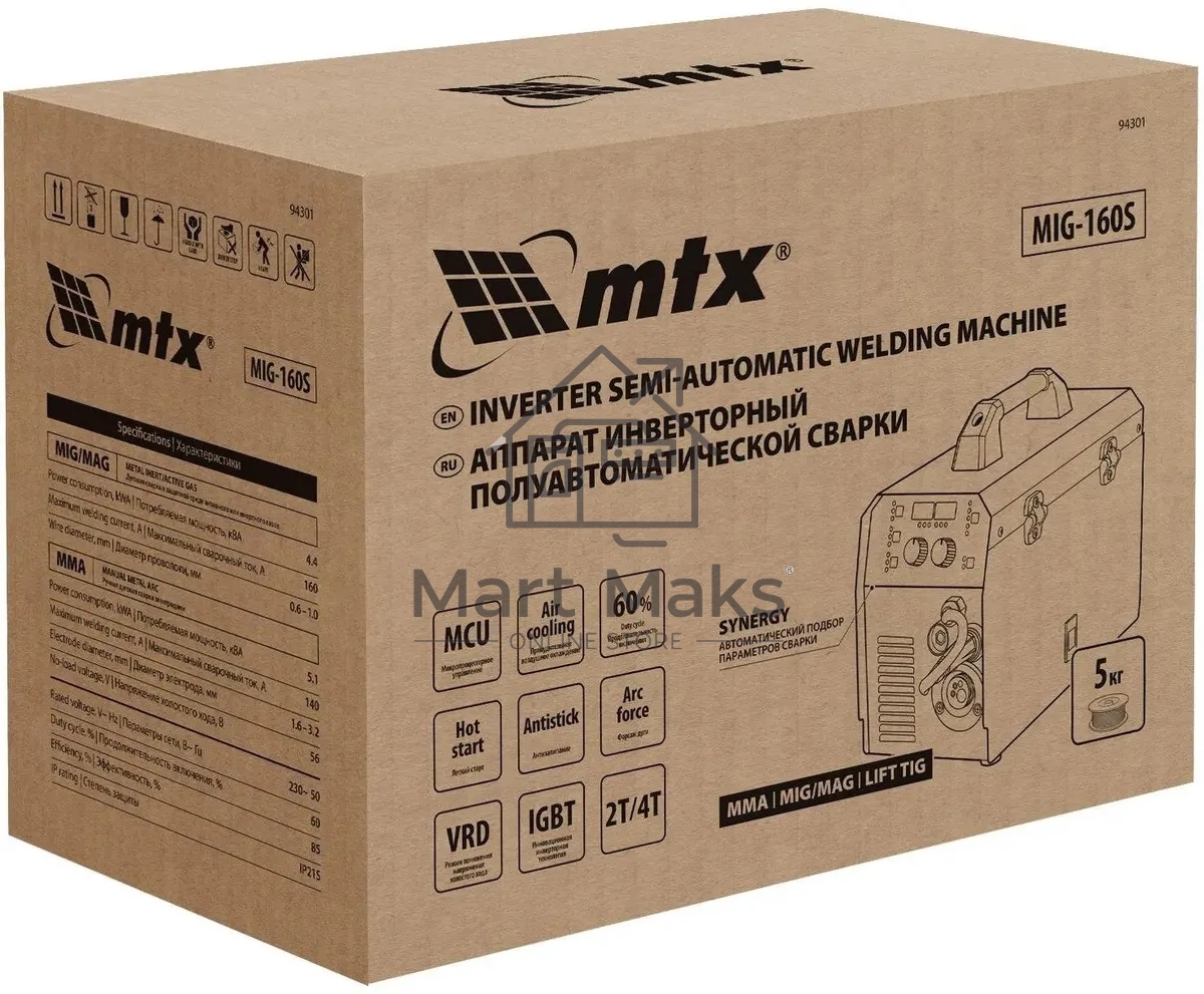 Аппарат инвертор. полуавтомат. cварки MIG-160S, 160A, ПВ 60%, катушка 5 кг MTX