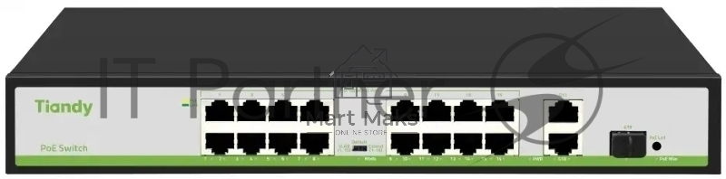 Коммутатор Tiandy TC-P3S019 Spec:H/1621/AT/180, 16×100 Мбит/с PoE + 2×1 Гбит/с Uplink + 1×1 Гбит/с SFP, неуправляемый