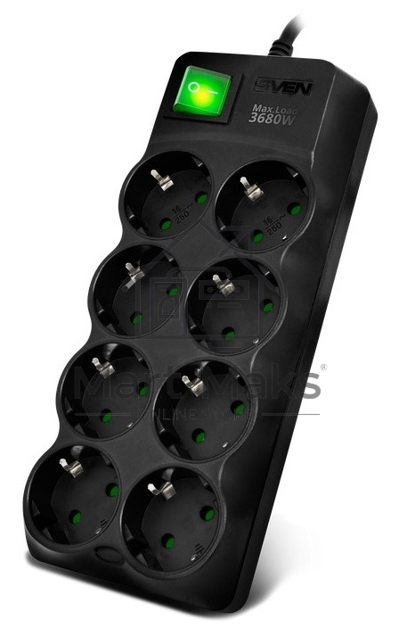 Сетевой фильтр SVEN SF-08E-16 5,0 м (8 розеток с защитными шторками,16А) черный, цветная коробка SV-021726