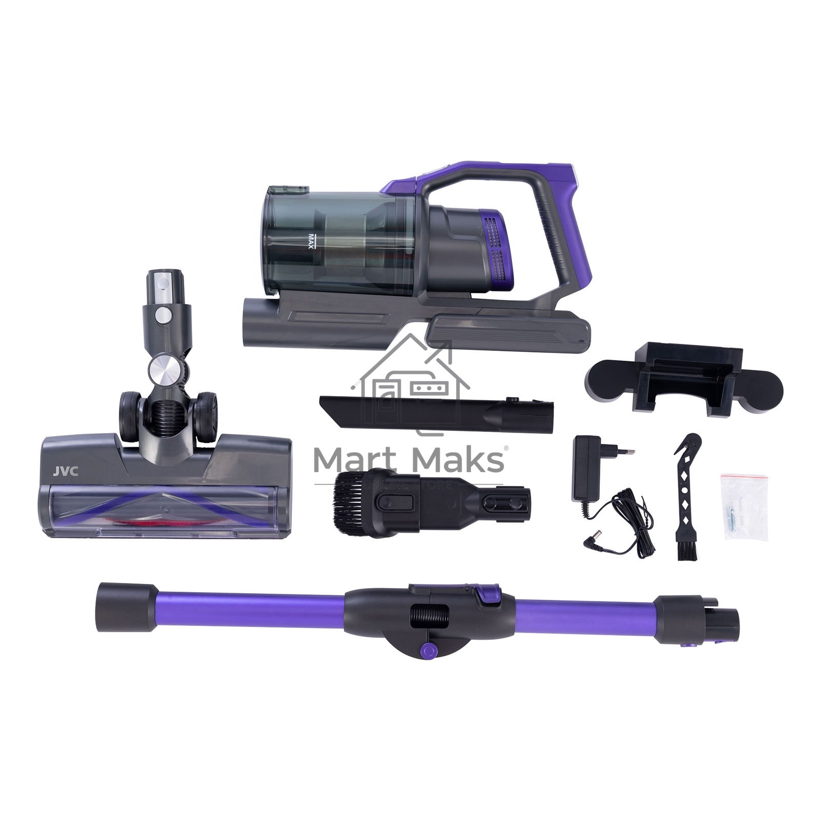 Пылесос вертикальный JVC JH-VS134 фиолетовый/черный, питание от аккумулятора, пылесборник 1,2 л, работа от АКБ max 50 мин.