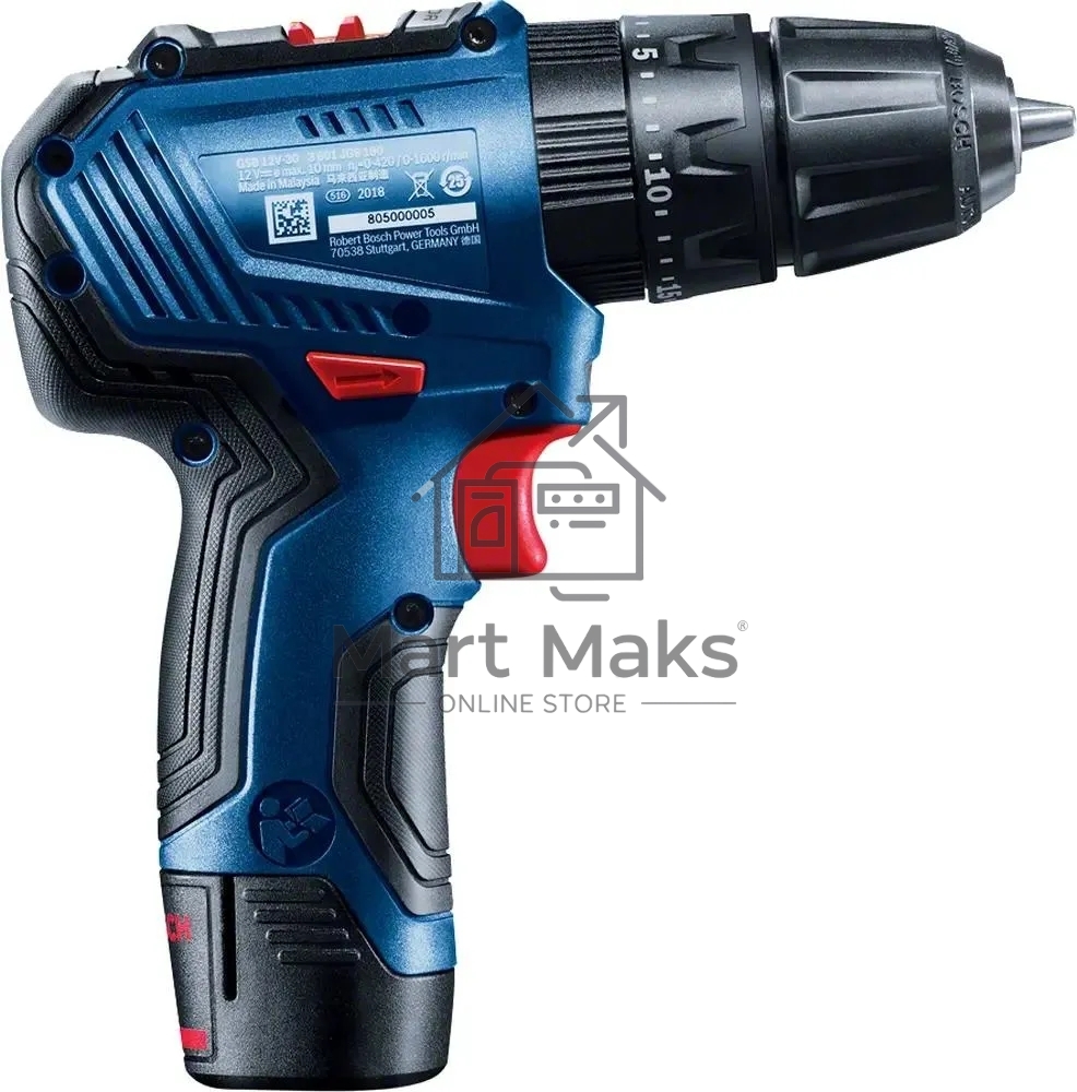 Дрель-шуруповерт Bosch GSB 12V-30, Аккумуляторная, 12В, 2 АКБ, Кейс