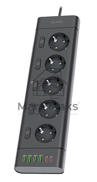 Сетевой фильтр QUMO Power Bar Light SPFSU2 (P-0009), 5 розеток, 2500 Вт, 10A, каб.3м 3*1 мм медь, 4U+2C (2,4A),Bl