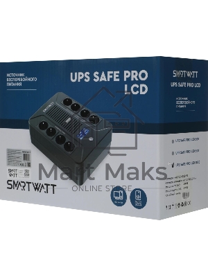 Источник бесперебойного питания SMARTWATT UPS SAFE PRO LCD 1000 черный 1000/600 ВА/Вт, напольный/настенный, линейно-интерактивный, LCD дисплей, Shuko CEE7/4 - 8 шт. (4 шт. с резервным питанием, 4 шт. - сетевой фильтр)