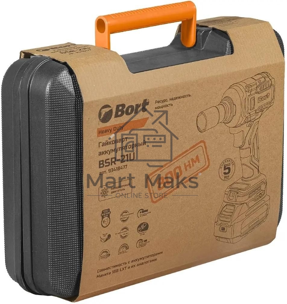 Гайковерт аккумуляторный Bort BSR-21U (2х4АЧ+ЗУ) 93418477  800 Нм, 0-2700 об/мин, акб Li-Ion, аккумуляторная система Makita 18V LXT 18 В, вес 1.4 кг