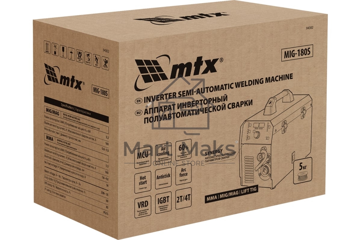 Аппарат инвертор. полуавтомат. cварки MIG-180S, 180A, ПВ 60%, катушка 5 кг MTX