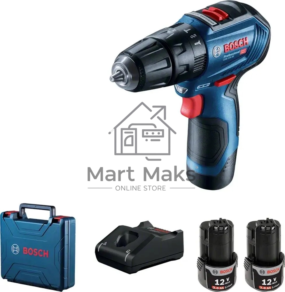 Дрель-шуруповерт Bosch GSB 12V-30, Аккумуляторная, 12В, 2 АКБ, Кейс