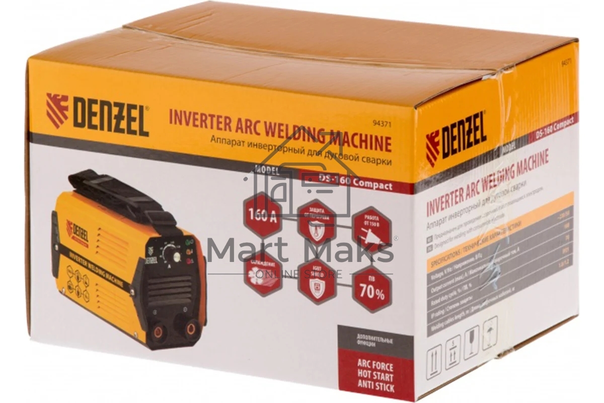 Аппарат инвертор. дуговой сварки DS-160 Compact, 160 А, ПВ 70%, диам.эл. 1,6-3,2 мм Denzel