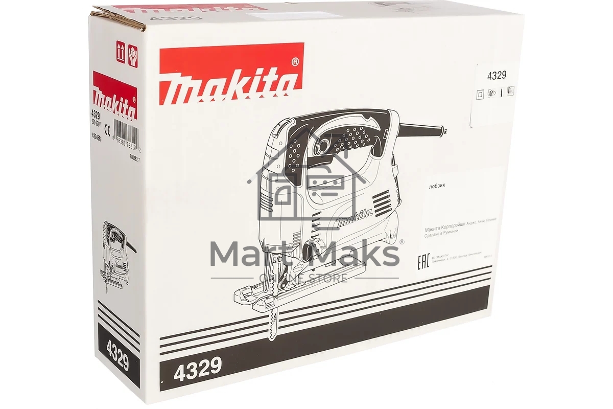 Лобзик Makita 4329 Лобзик,в\рук, 450Вт,500-3100об\м,ход-18мм,рез-65мм,1.9кг,кор,маятн,Al подошва