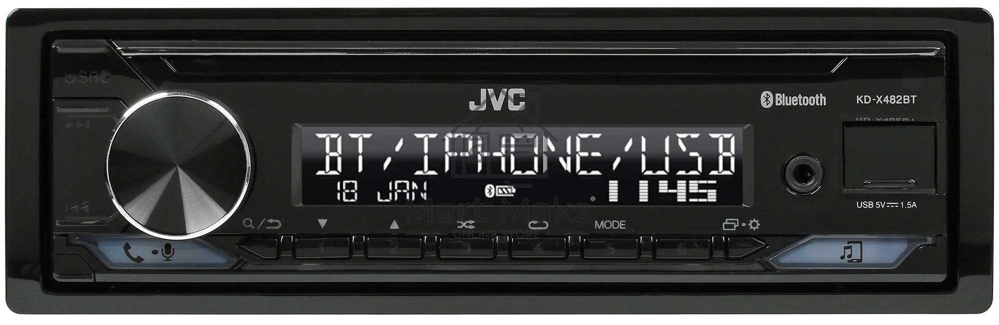 Автомагнитола JVC KD-X482BT, 1 DIN, Bluetooth, USB Type-A, AUX, съёмная панель