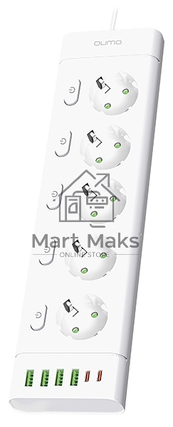 Сетевой фильтр QUMO Power Bar Light SPFSU2 (P-0009), 5 розеток, 2500 Вт, 10A, каб.2м 3*1 мм медь, 4U+2C (2,4A),Wt