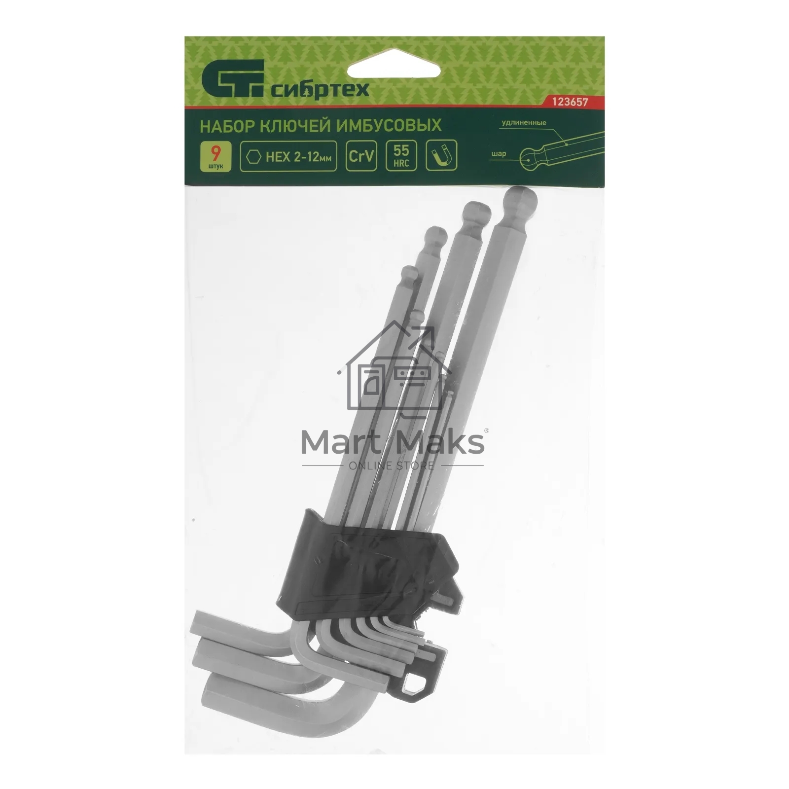 Набор ключей имбусовых, HEX, 2-12 мм, CrV, 9 шт., удлиненные, с шаром Denzel