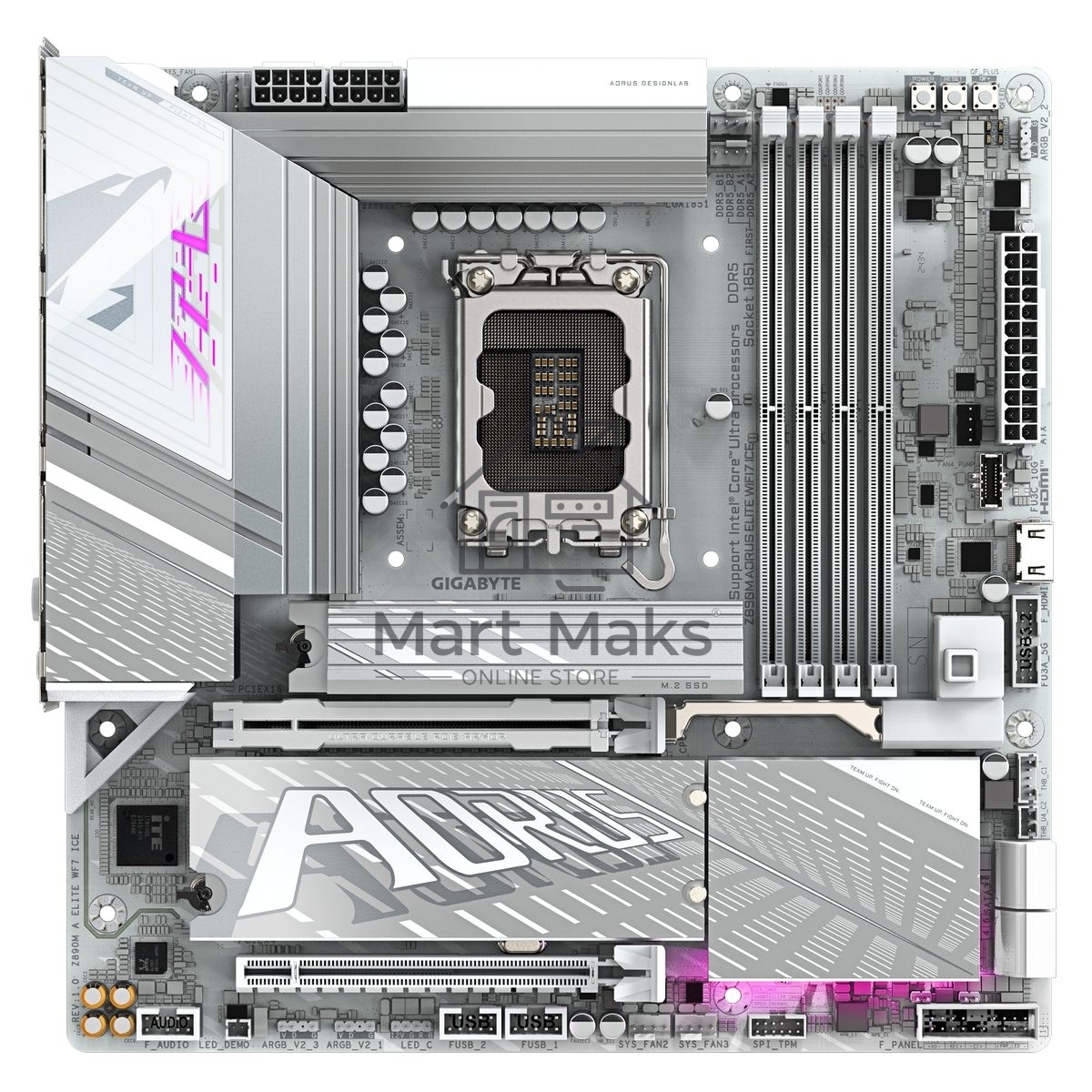 Материнская плата Gigabyte Z890M AORUS ELITE WIFI7 ICE, LGA 1851, Intel Z890, 4xDDR5, 4xSATA, 3xM.2, 1xPCIe 4.0 x4, 1xPCIe 5.0 x16, 1xDP, 1xUSB-C, 1x 2.5Gb LAN, 1xUSB-A 3.2 Gen 2, 4xUSB-A 3.2 Gen 1, 2x3.5 мм, TOSLINK, 7.1, 1xUSB4, mATX