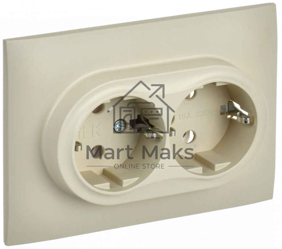 Розетка 2-местная IEK SKANDY SK-R08B (SK-R21-16-K10-F) с заземлением, без защитных шторок, 16А в сборе, бежевый