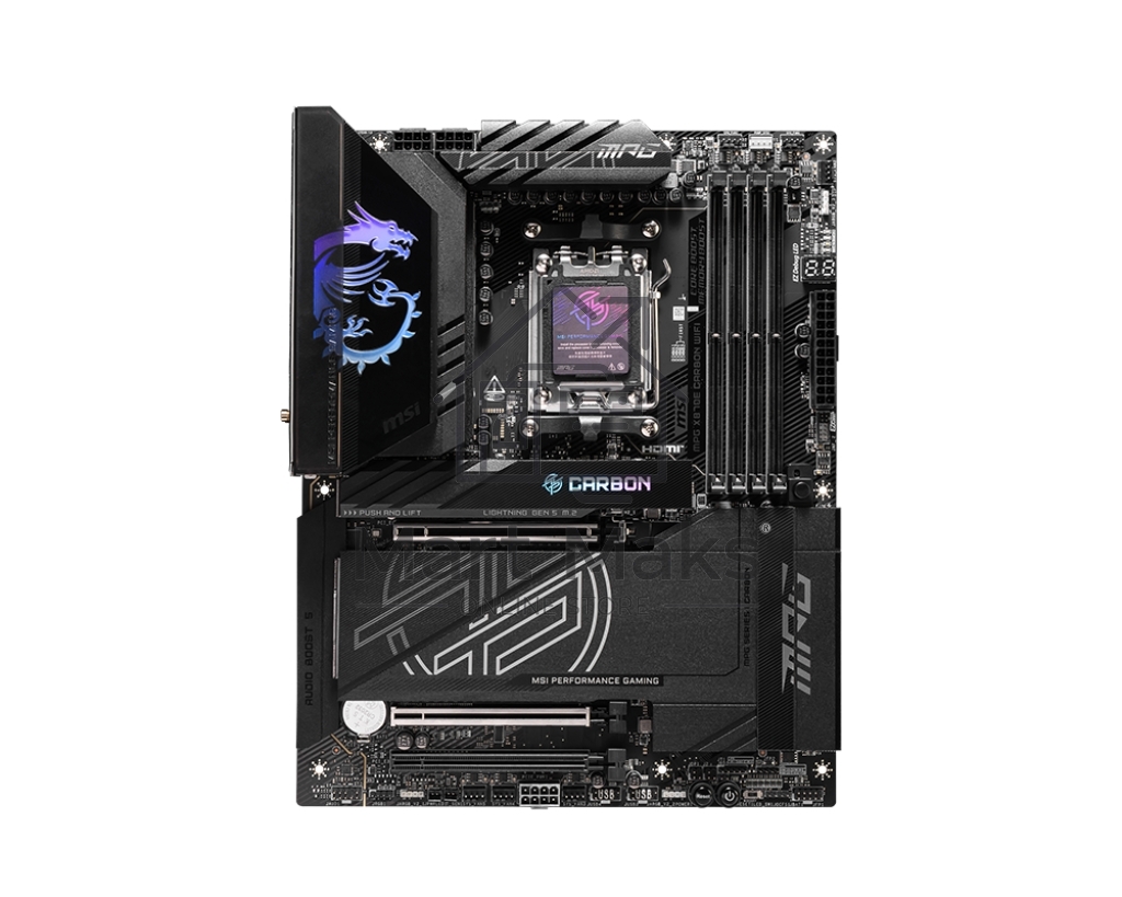 Материнская плата MSI MPG X870E CARBON WIFI, AM5, AMD X870E, 4xDDR5, 4xSATA, 4xM.2, 1xPCIe 5.0 x16, 1xPCIe 5.0 x4, 1xPCIe 4.0 x4, 1xHDMI, 2xUSB-C, 2x1Gb LAN, 9xUSB 3.2 Gen 2, 2xUSB4, 2x3.5 мм, 7.1, ATX