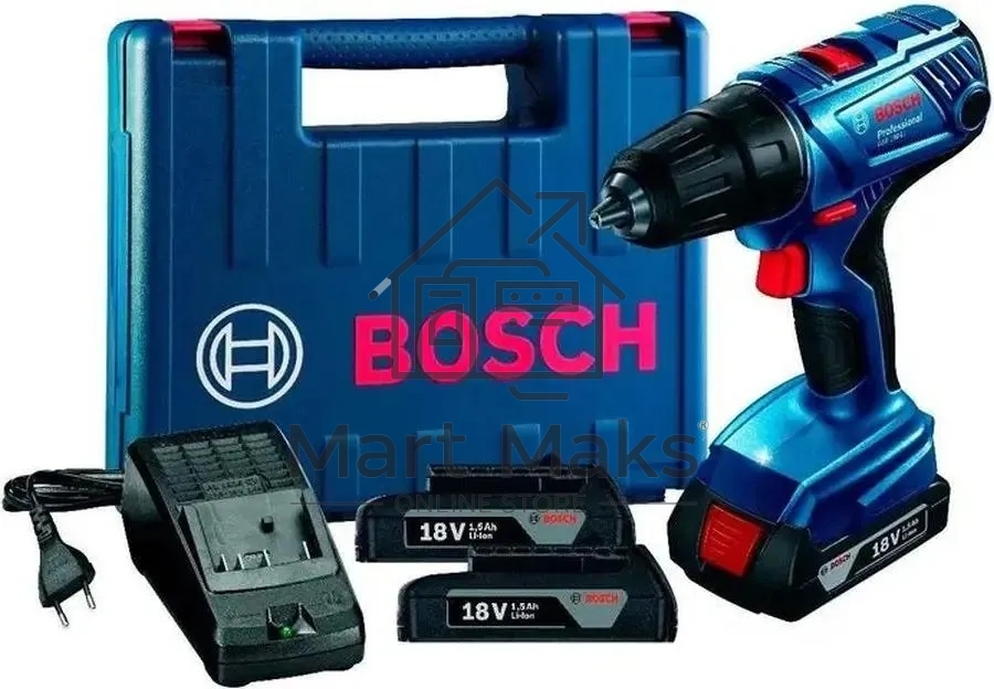 Дрель-шуруповерт Bosch GSB 180-LI Аккумуляторная, 18В, 2 АКБ, Кейс