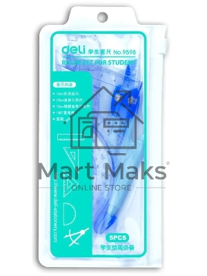 Циркуль Deli E9598, корпус серый, в комплекте: линейка 15см / транспортир / 2 угольника Циркуль Deli E9598, корпус серый, в комплекте: линейка 15см / транспортир / 2 угольника