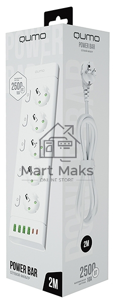 Сетевой фильтр QUMO Power Bar Light SPFSU2 (P-0009), 5 розеток, 2500 Вт, 10A, каб.2м 3*1 мм медь, 4U+2C (2,4A),Wt