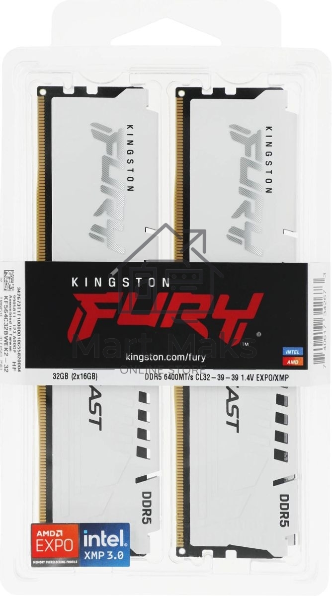 Оперативная память Kingston FURY Beast White EXPO, DDR5, 32GB (2x16 GB), 6400 MHz, CL32, радиатор, белый