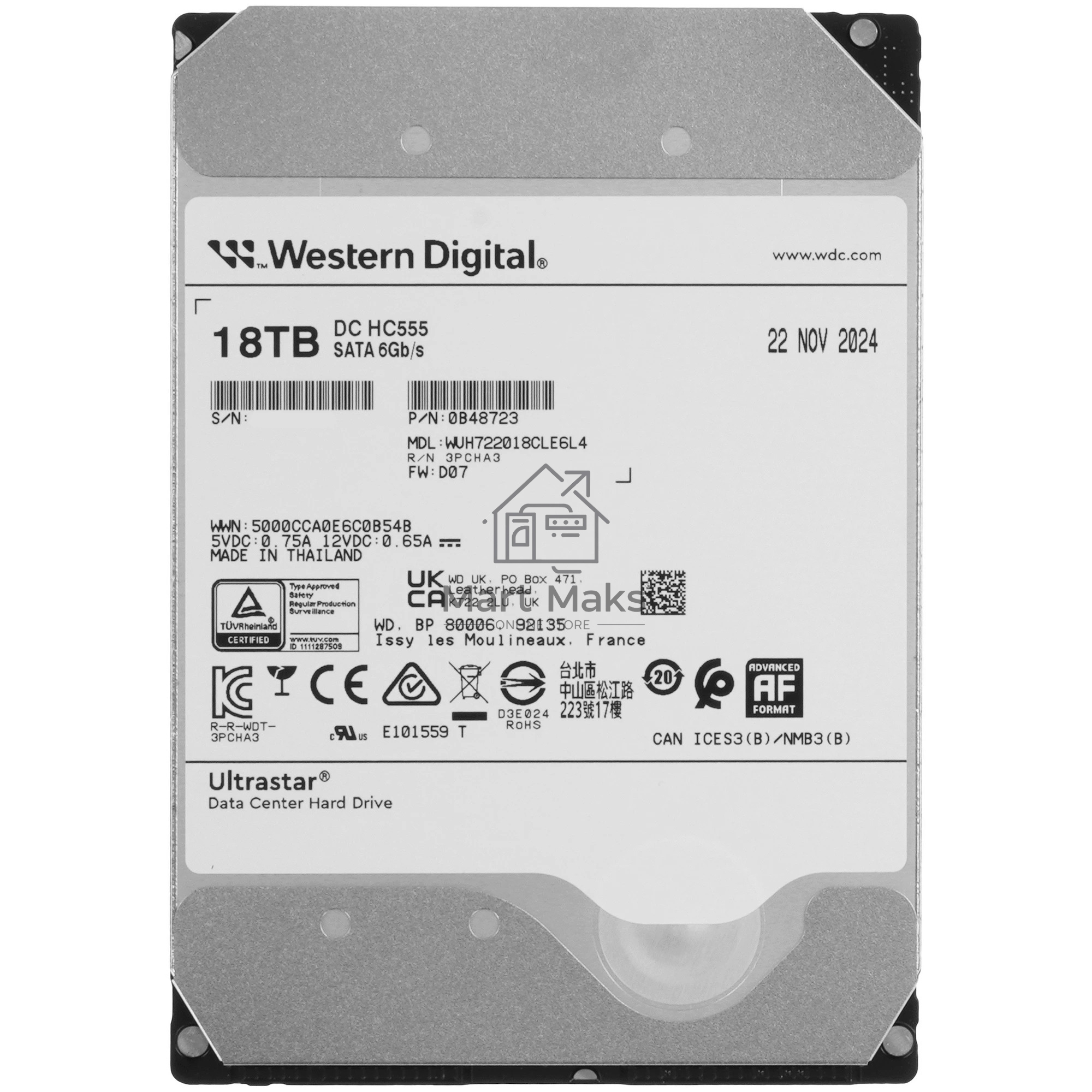 Жесткий диск SATA 18TB 7200RPM 6Gb/S 512MB DC HC555 WUH722018CLE6L4_0B48723 WESTERN DIGITAL