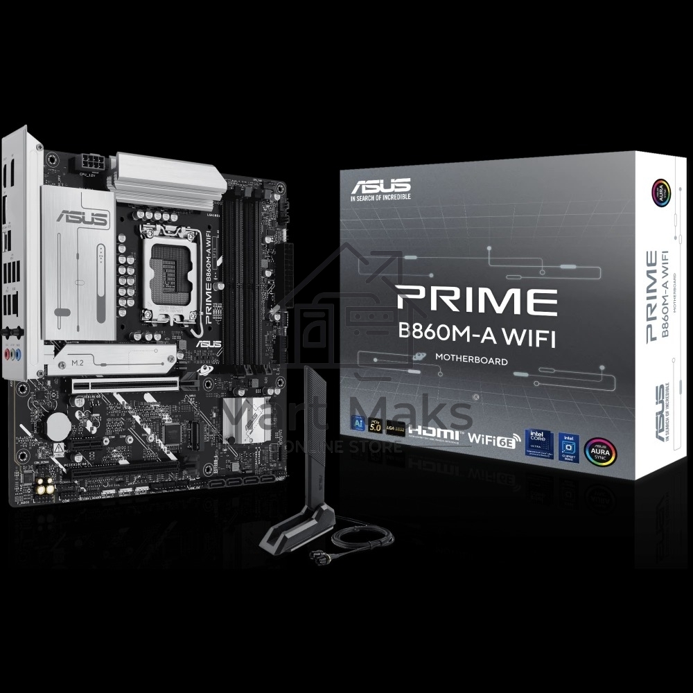 Материнская плата ASUS PRIME B860M-A WIFI, LGA 1851, Intel B860, 4xDDR5, 4xSATA, 2xM.2, 1xPCIe 5.0 x16, 1xPCIe 4.0 x16, 1xPCIe 4.0 x1, 2xDP, 1xHDMI, 1x 2.5Gb LAN, 1xUSB-C 20Gbps, 1xUSB-A 10Gbps, 2xUSB-A 5Gbps, 4xUSB-A 2.0, 3x3.5 мм, 7.1, micro-ATX.