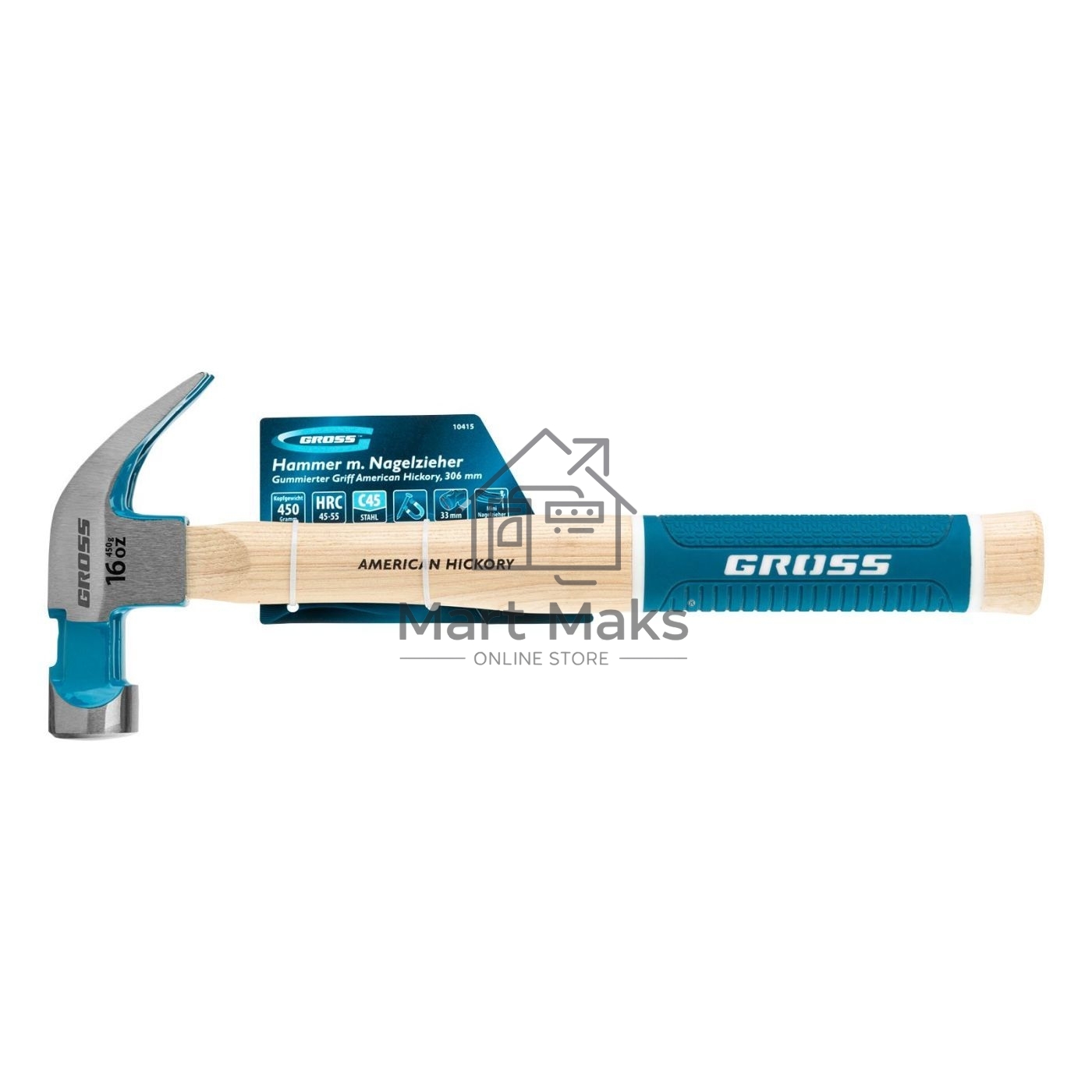 Молоток-гвоздодер Gross AMERICAN HICKORY 450 г, угол 45, магнит, обрезиненная рукоятка