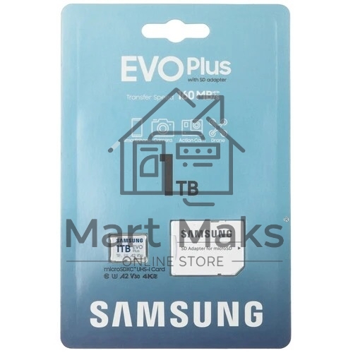 Карта памяти Samsung EVO Plus, microSDXC 1TB, Class 10, A2, V30, UHS-I (U3), W 90 МБ/с, R 160 МБ/с, адаптер на SD