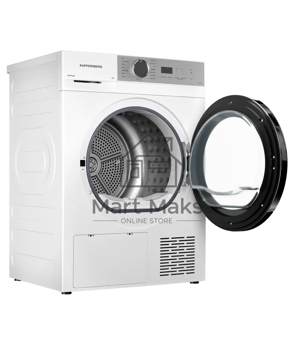 Сушильная машина Kuppersberg DM 611 W, отдельностоящая, тепловой насос, 8 кг, 15 программ, отсрочка старта, защита от сминания, ультрафиолет, электронное управление, белый