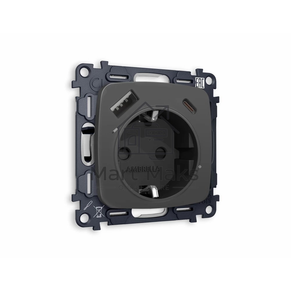 Комплект механизма электрической розетки OMEGA Графит мягкое касание 2USB A+C 20W (быстрая зарядка) с/з QUANT (OP9100, VM160) MO910010