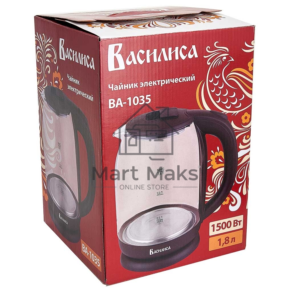 Чайник электрический ВАСИЛИСА ВА-1035 1.8 л, стекло, коричневый, 1500 Вт, (12)