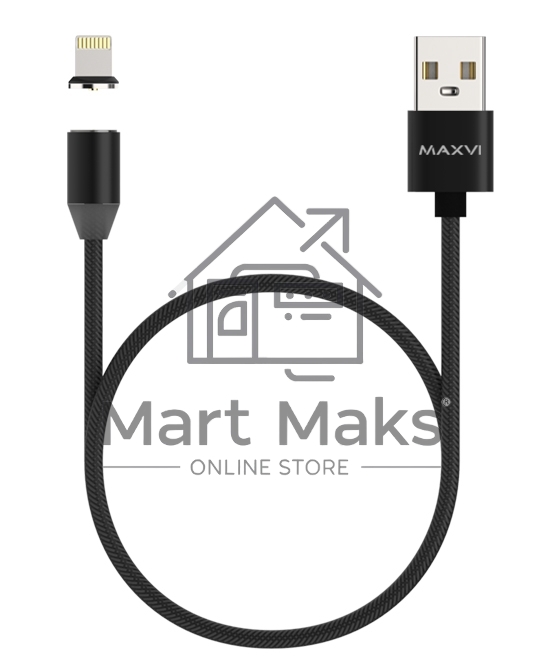 Кабель Maxvi MCm-01L black, USB-A - Lightning, 2A, магнитный разъем, LED ток макс. нагрузки 2А, макс. напряжение 5V; стандарт USB 2.0; длина 1м, нейлоновая оплетка, съемный магнитный коннектор, LED подсветка, черный с серыми вставками