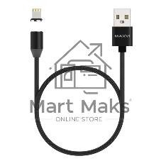 Кабель Maxvi MCm-01L black, USB-A - Lightning, 2A, магнитный разъем, LED ток макс. нагрузки 2А, макс. напряжение 5V; стандарт USB 2.0; длина 1м, нейлоновая оплетка, съемный магнитный коннектор, LED подсветка, черный с серыми вставками