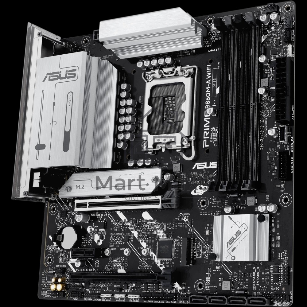 Материнская плата ASUS PRIME B860M-A WIFI, LGA 1851, Intel B860, 4xDDR5, 4xSATA, 2xM.2, 1xPCIe 5.0 x16, 1xPCIe 4.0 x16, 1xPCIe 4.0 x1, 2xDP, 1xHDMI, 1x 2.5Gb LAN, 1xUSB-C 20Gbps, 1xUSB-A 10Gbps, 2xUSB-A 5Gbps, 4xUSB-A 2.0, 3x3.5 мм, 7.1, micro-ATX.