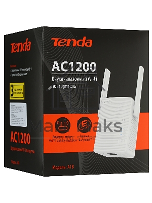 Двухдиапазонный усилитель беспроводного сигнала Tenda A18 Pro AC1200, 2,4/5 ГГц, 1167 Мбит/с, внешние антенны 2х3dBi