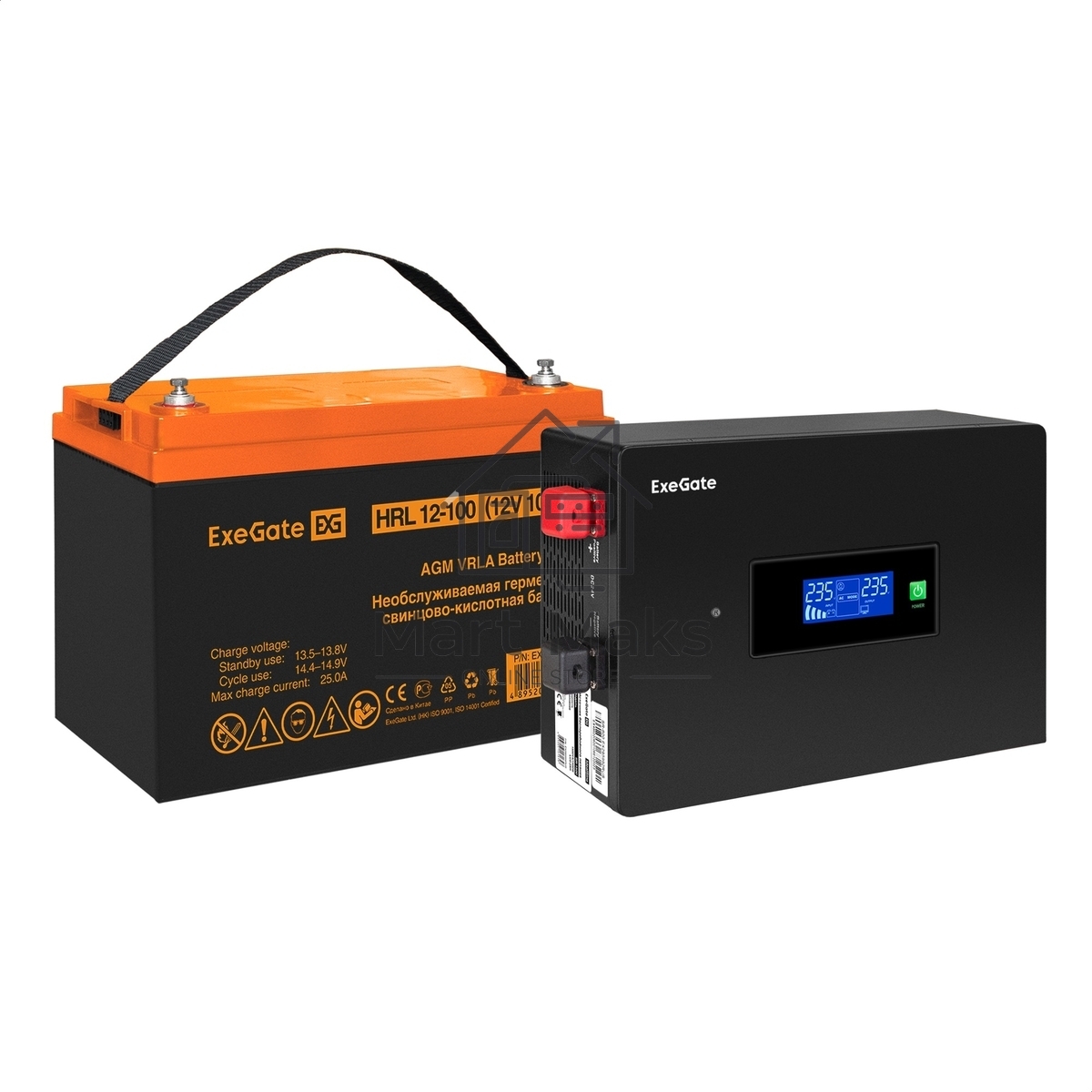 Комплект Источник бесперебойного питания EX295992RUS + батарея 100Aч EX285656RUS 1шт (инвертор, синус, для котла, PF=1, настенный) ExeGate IdealSine SR-600.LCD.2SH <600VA/600W, чистая синусоида, цветной LCD-дисплей, 2*Schuko, крепление настенное, Black> + батарея ExeGate HRL 12-100 (12В, 100А·ч) 1шт