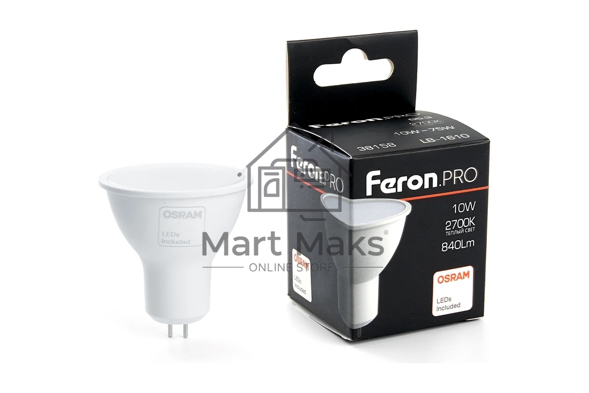 Лампа светодиодная FERON PRO LB-1610 (38158) 10 вт 230в GU5.3 теплый