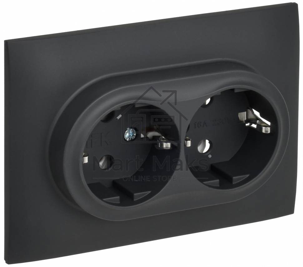 Розетка 2-местная IEK SKANDY SK-R08G (SK-R21-16-K53-F) с заземлением, без защитных шторок 16А в сборе, графит