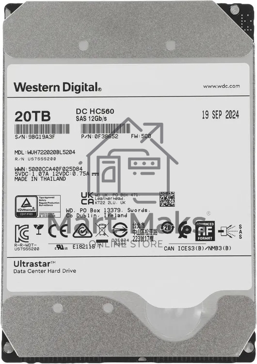 Жесткий диск Western Digital HDD SAS Server 20Tb Ultrastar DC HC560 7200 12Gb/s 512MB 1 year warranty